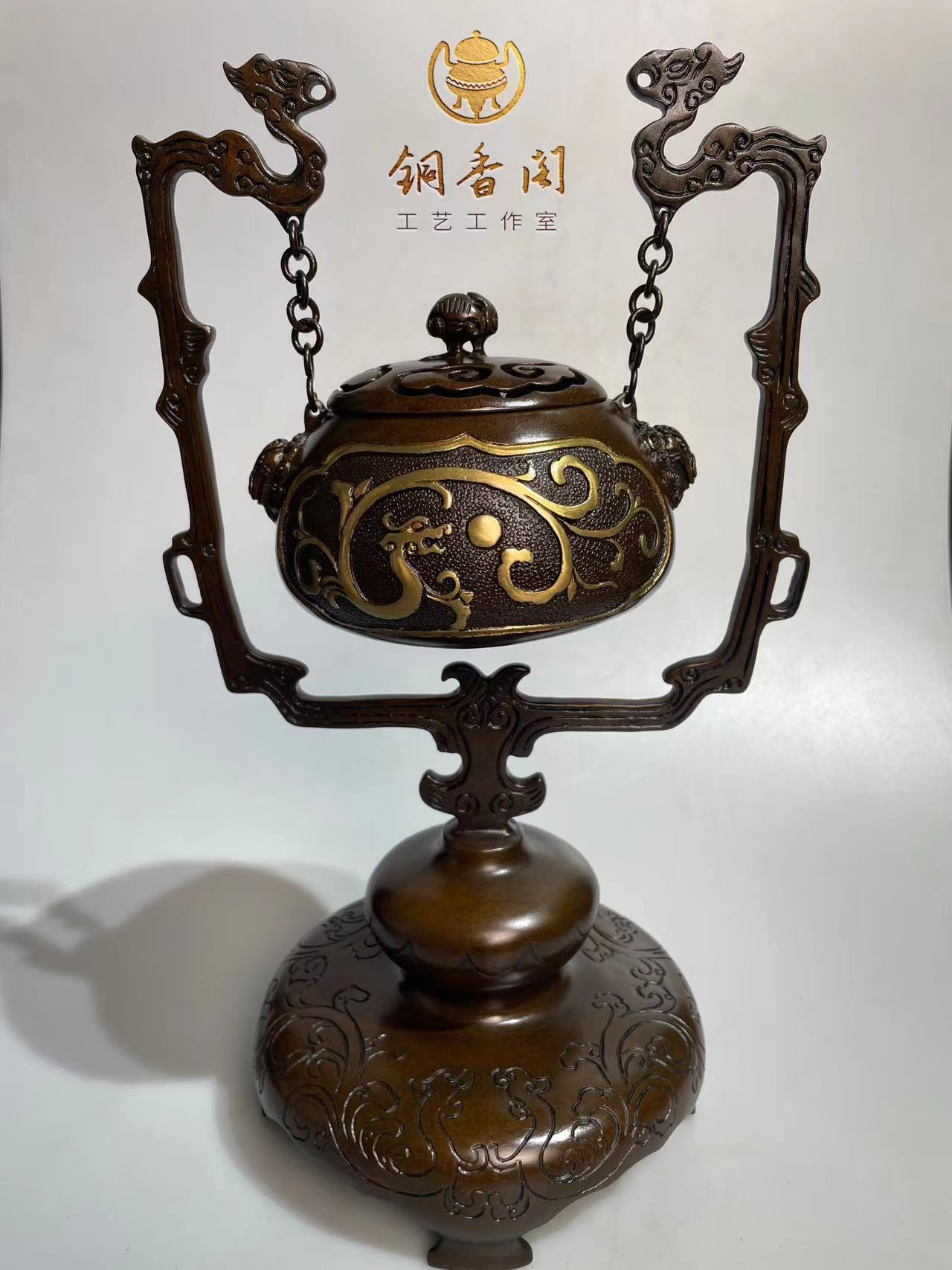 龙纹凤架吊炉香炉手工工艺适合摆件燃香紫铜现代古典檀香炉铜香炉