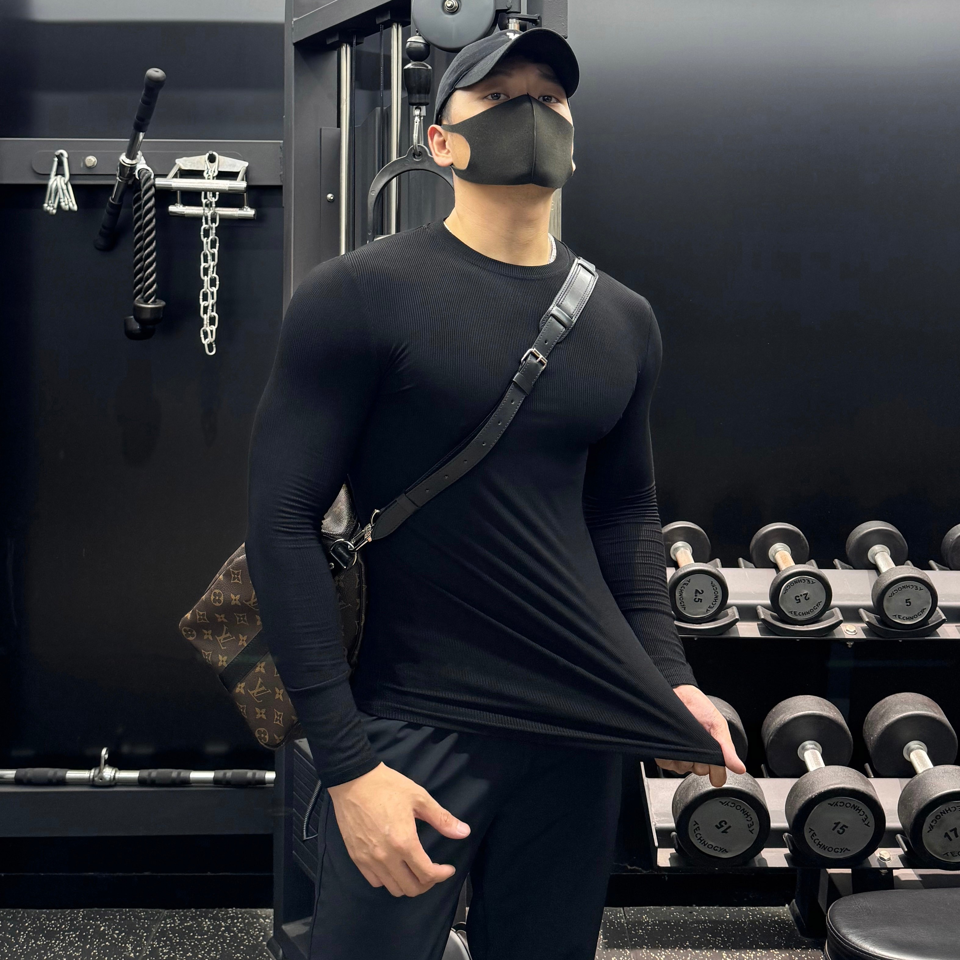 2024螺纹长袖T恤男士圆领美式运动跑步弹力肌肉紧身训练打底上衣