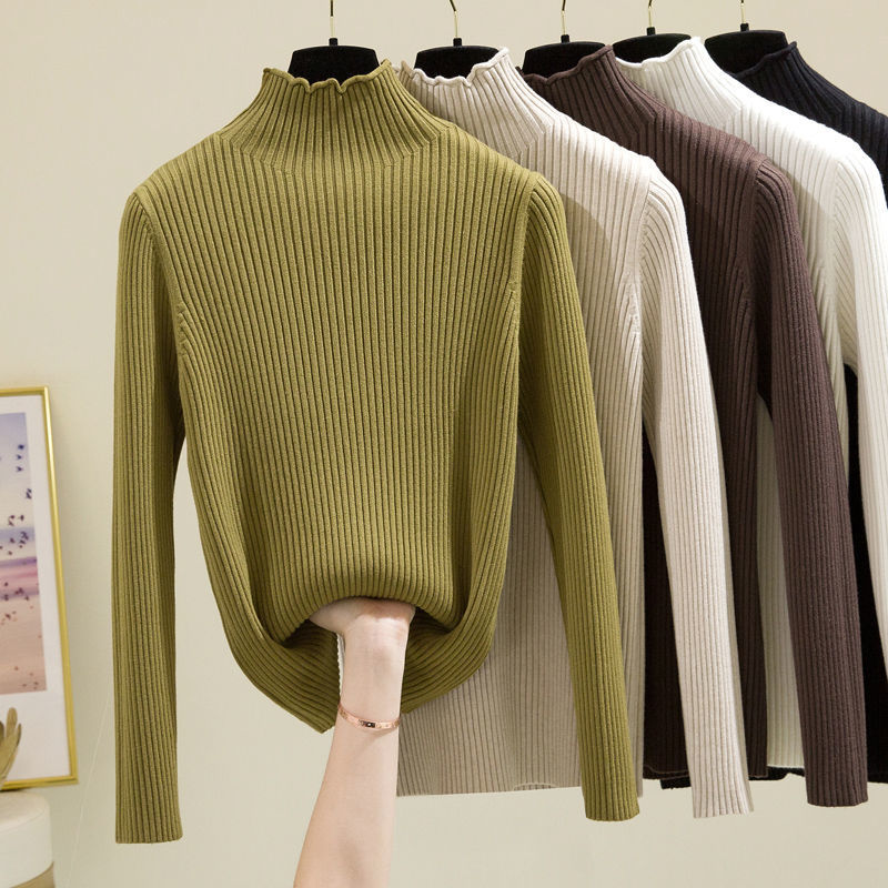 毛衣半高领打底衫女卷边立领秋冬百搭洋气套头修身内搭加厚针织衫