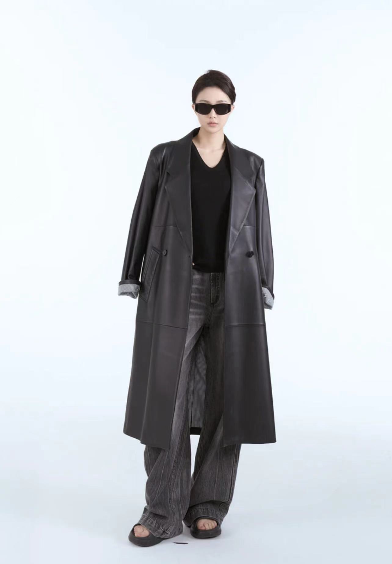 BEAUTY VENA 暗黑风显瘦长款皮皮大衣3W2039