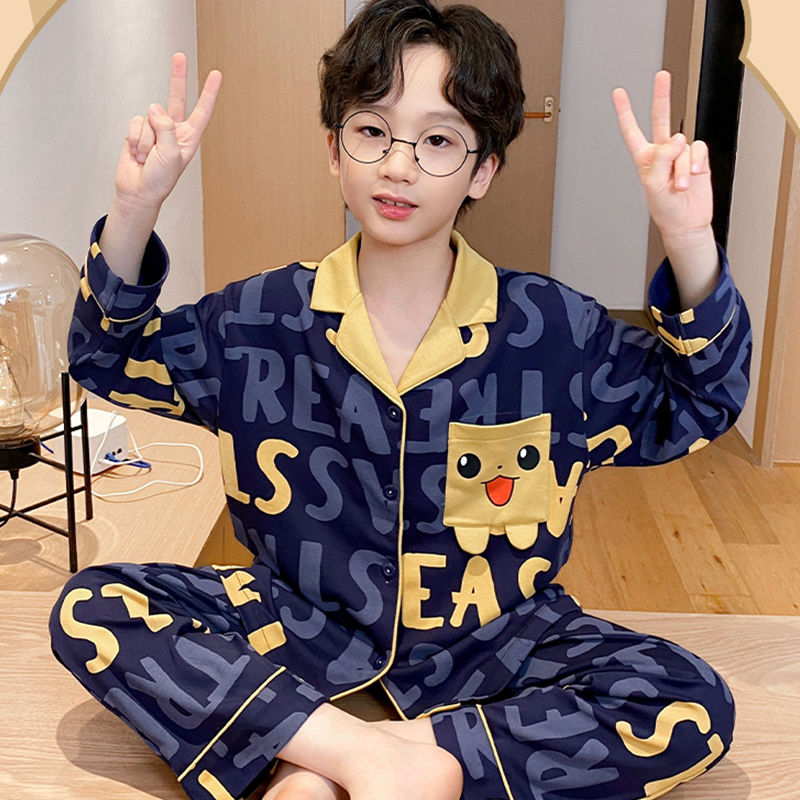 男童睡衣长袖春秋季开衫薄款2023新款男孩儿童卡通家居服外穿套装
