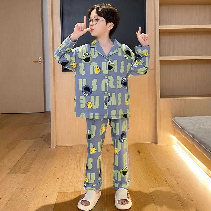 2023新款长袖睡衣男童春秋季开衫儿童青少年洋气中大童家居服套装