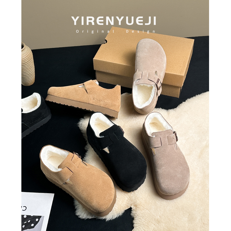 真皮复古毛毛勃肯鞋女2023新款厚底女鞋增高全包秋冬加绒棉鞋女博