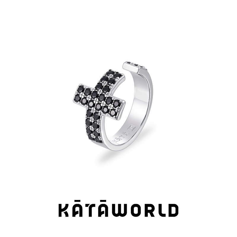KATAWORLD 铜合金合成锆石戒指 【主理人】暗黑十字星黑/白锆戒指