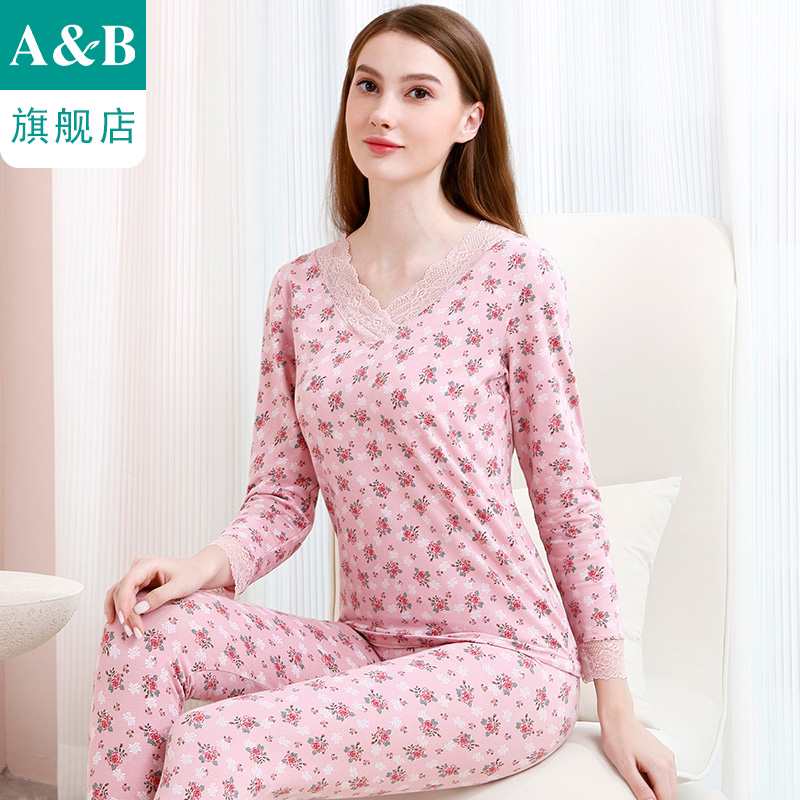 ab内衣女士保暖套装弹力棉性感蕾丝边V领轻薄打底秋衣秋裤H647