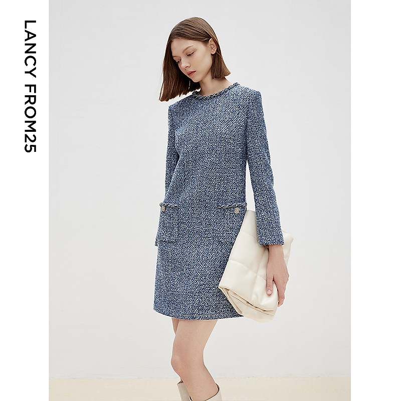 朗姿法式气质高级感洋气独特内搭小香风长袖短裙2025春新款连衣裙
