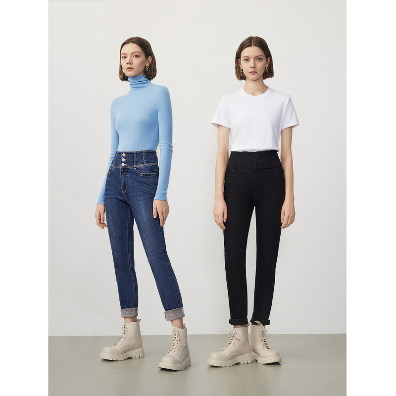 朗姿棉质黑科技保暖小脚牛仔裤冬季新款气质高腰显瘦九分裤女裤子