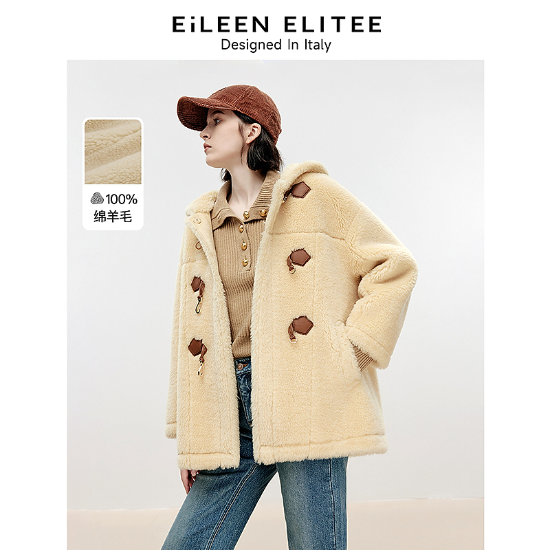 朗姿欧洲EiLEEN ELITEE时尚颗粒大衣外套女2024冬季新款仿皮草欧