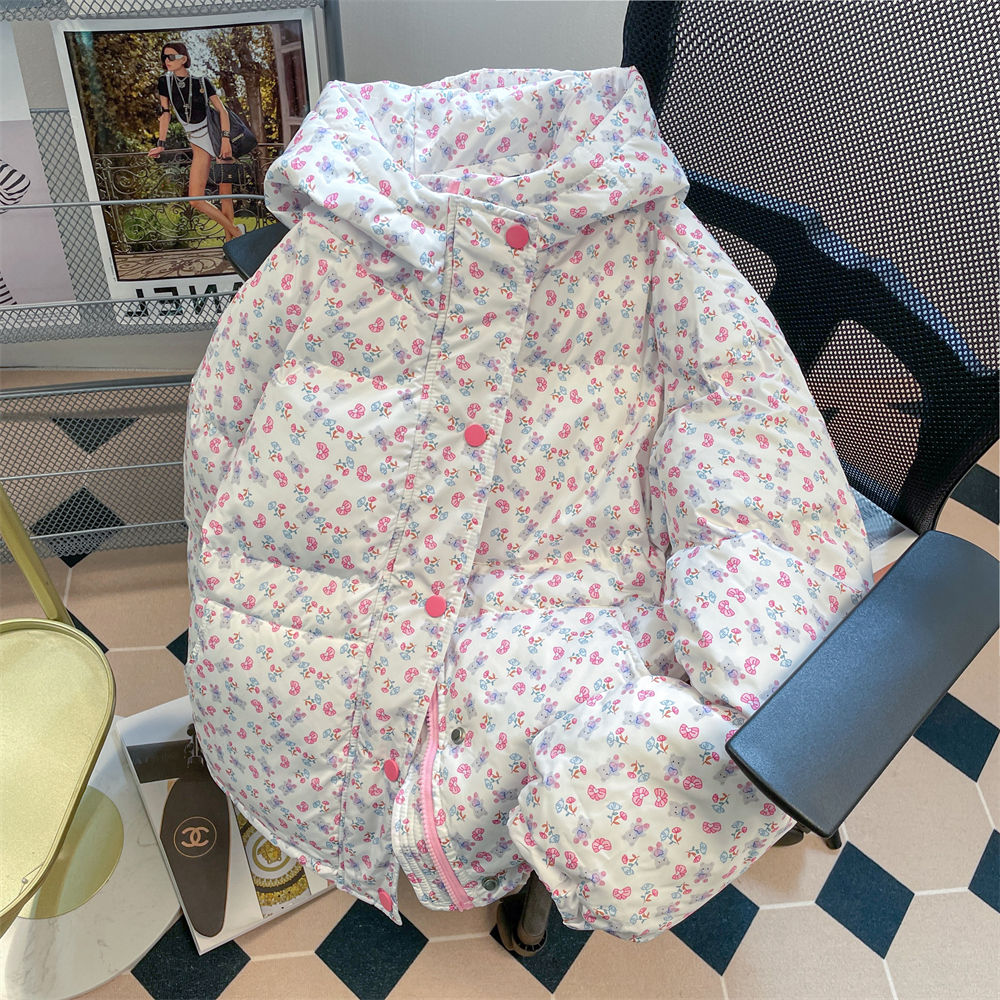 韩系甜美可爱碎花小熊连帽棉服女冬季设计感小众加厚宽松棉衣外套