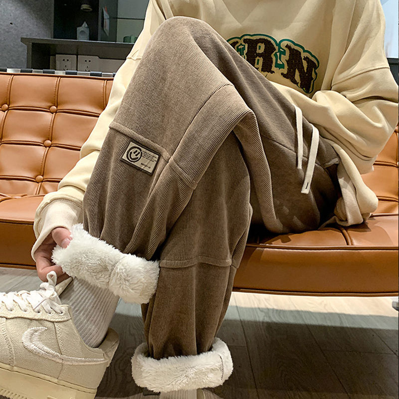 巨厚灯芯绒裤子男新款冬季加绒加厚大码长裤束脚运动卫裤女