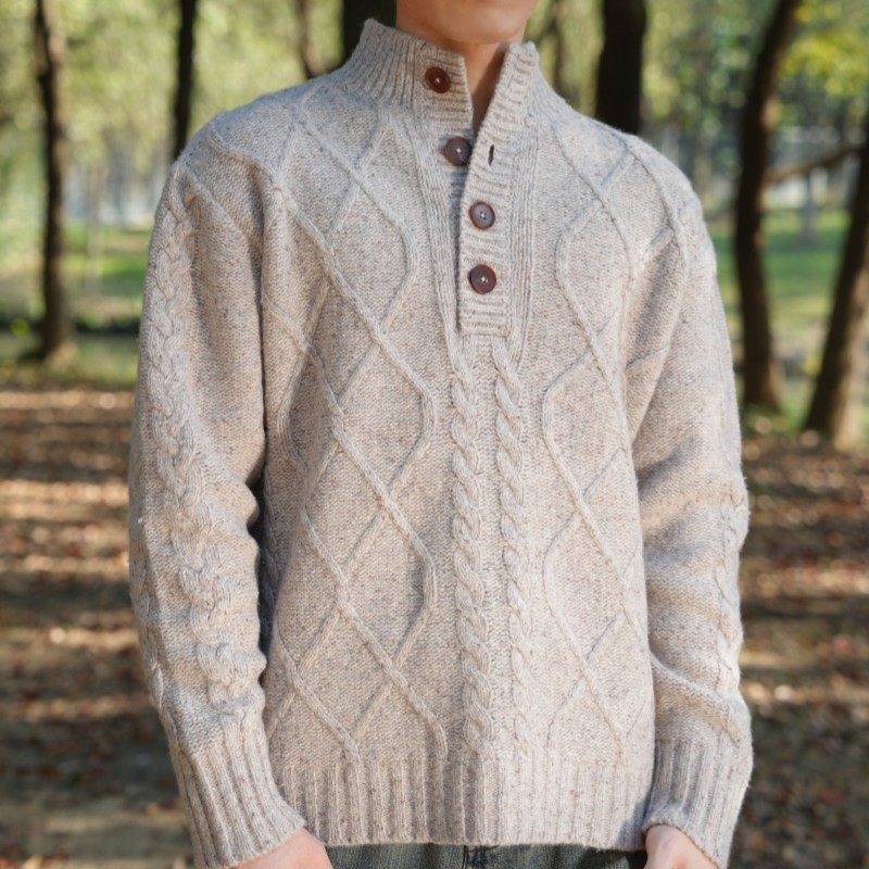 rainbowsecret羊毛混纺彩点纱半开襟复古绞花毛衣