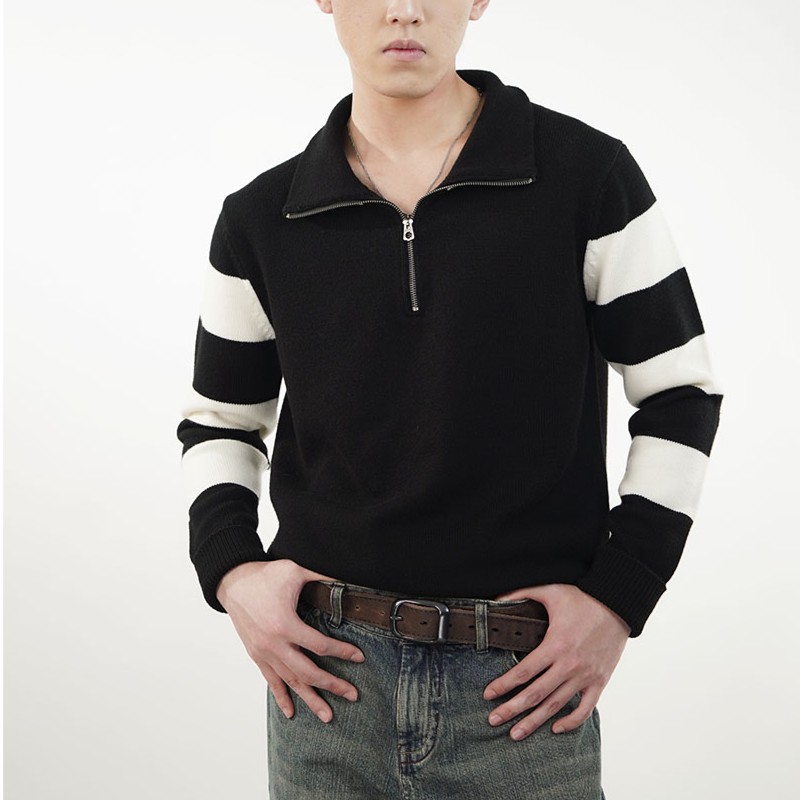  100%澳洲美利奴精纺羊毛黑白条纹撞色半开襟功能毛衣简约针织