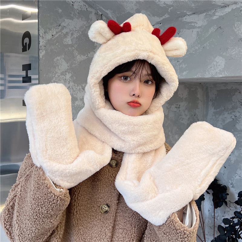 小鹿帽子女秋冬季可爱冬天毛绒保暖连帽一体护耳骑车帽加厚三件套