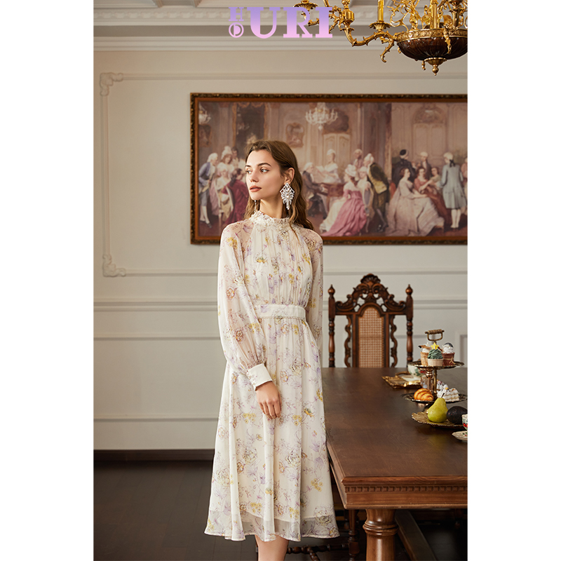 HOURI海蕾琳连衣裙女秋季新款裙子气质印花收腰显瘦过膝长裙