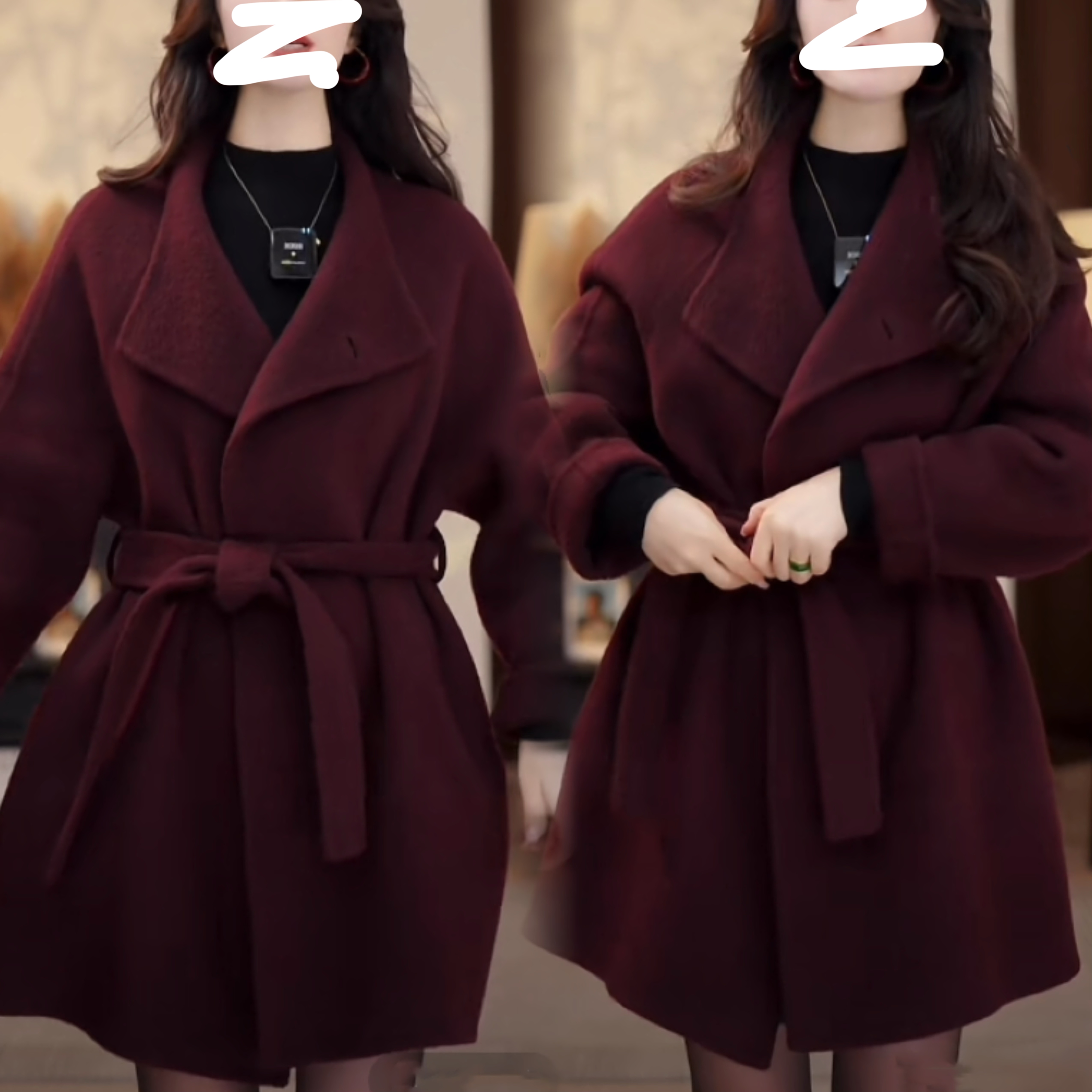 法式一粒扣高端立领系带羊毛大衣女秋冬新款中长款外套6560