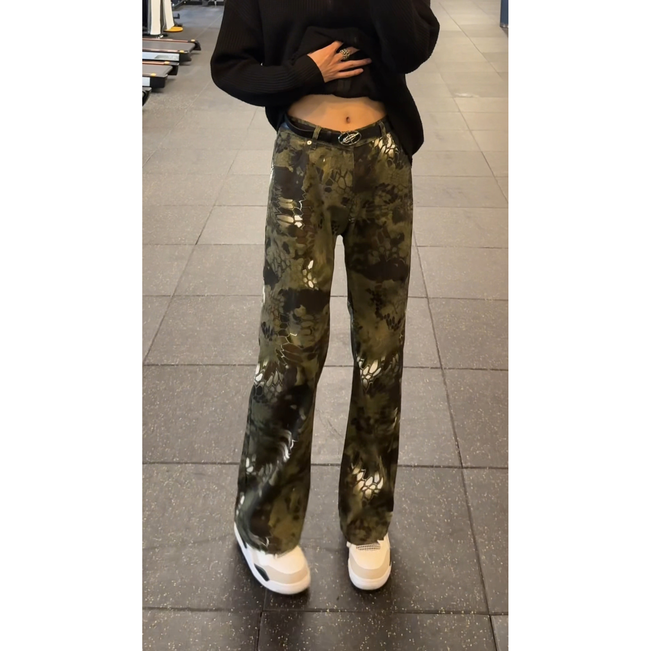 迷彩微喇牛仔裤男皮带款潮流蛇纹工装裤子vibe高街美式复古牛仔裤