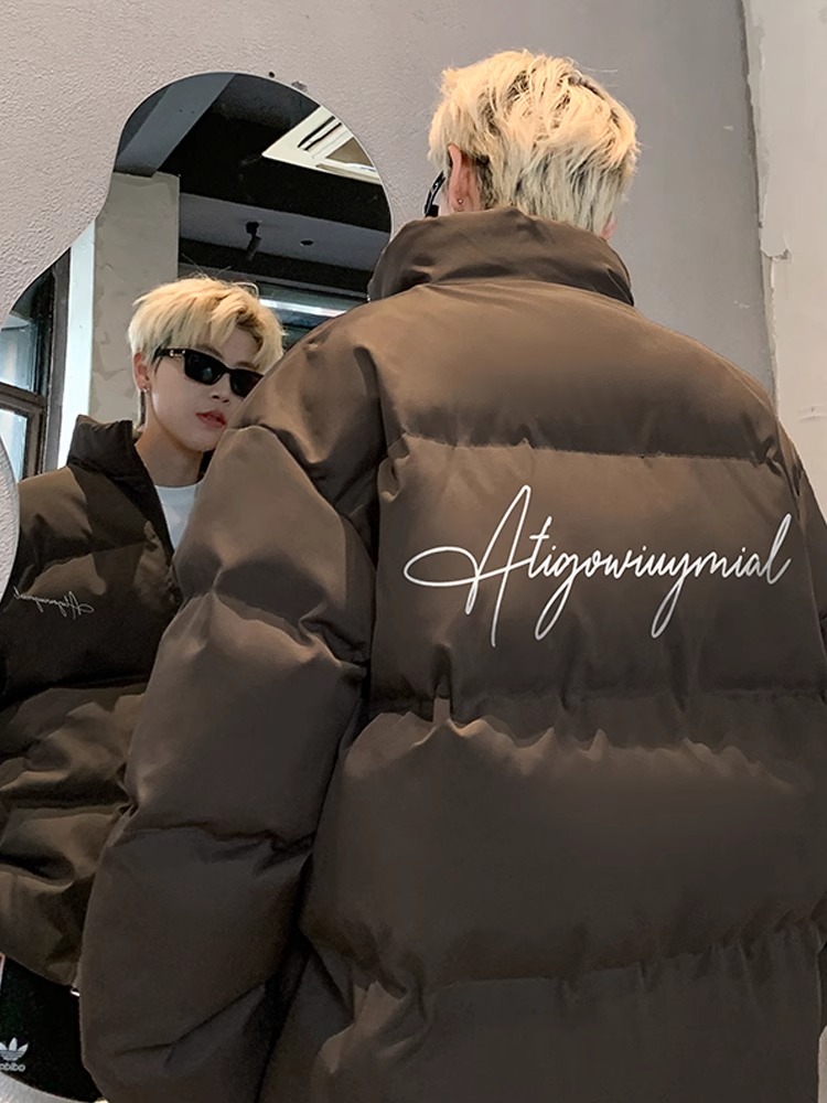 加肥加大码300斤简约字母印花棉服男士冬季加厚保暖立领棉袄外套