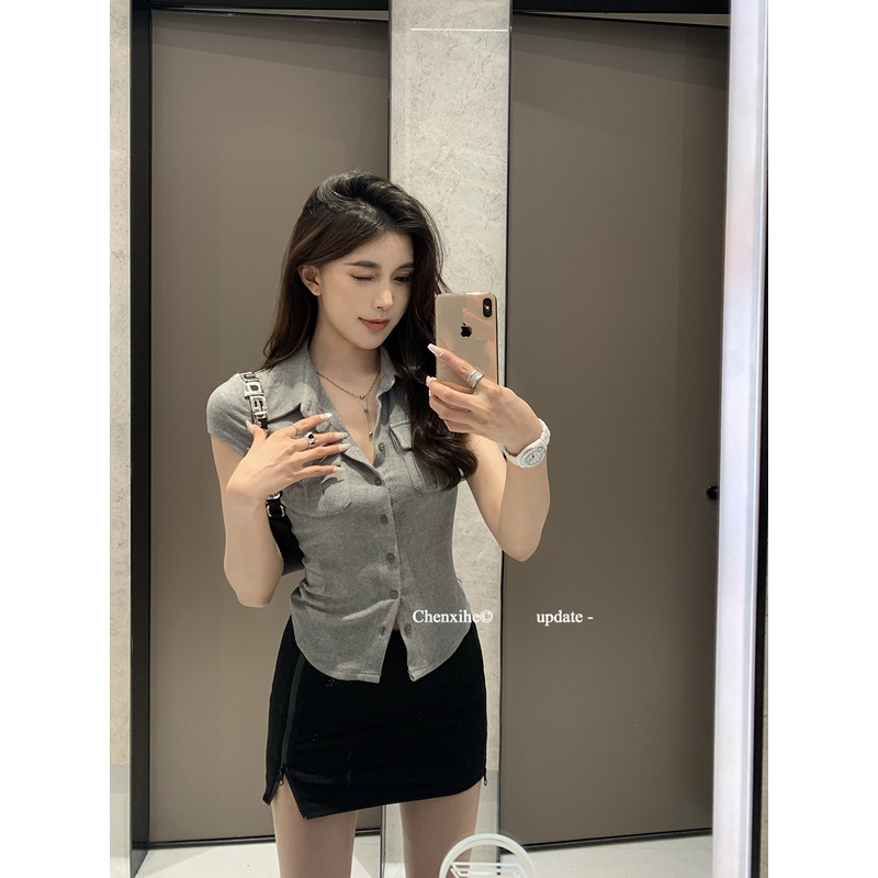 何晨曦 美式复古Polo领短袖t恤女修身正肩辣妹短款上衣 TT08803