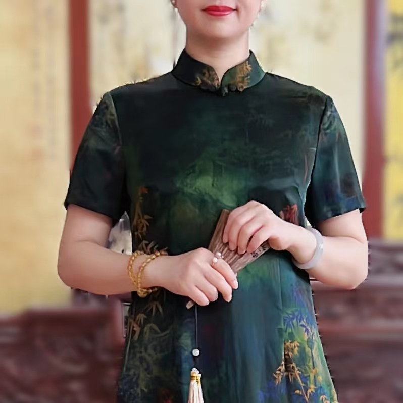 祥安姿服饰「墨竹」（C288135-1）旗袍复古桑蚕丝旗袍连衣裙气质