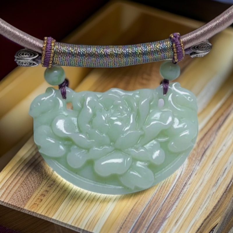 岫玉油翠颈饰 牡丹盛景凝岫玉油翠颈饰 国色天香锁颈间柔情