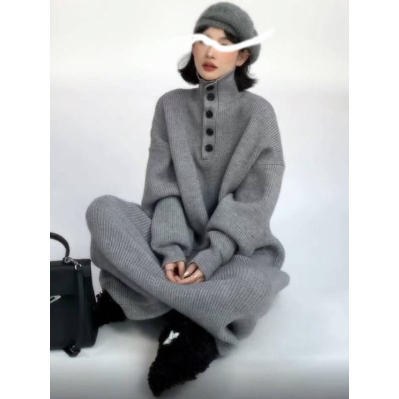 秋冬长款毛衣连衣裙韩版宽松慵懒风针织长裙子过膝加厚高领打底裙