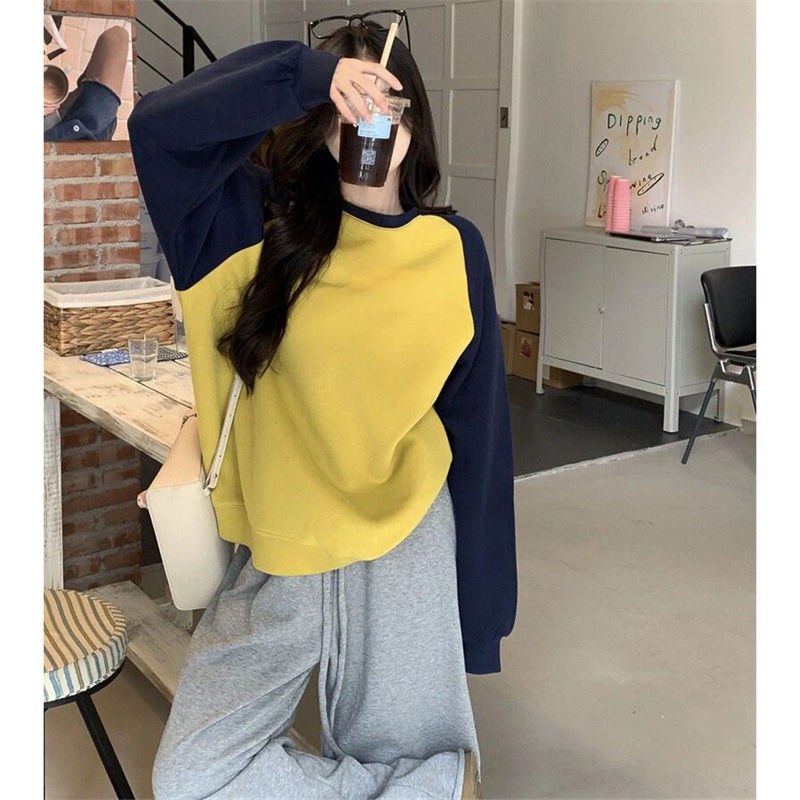 韩系撞色小众时尚加绒加厚银狐绒圆领卫衣女学生百搭休闲秋冬上衣