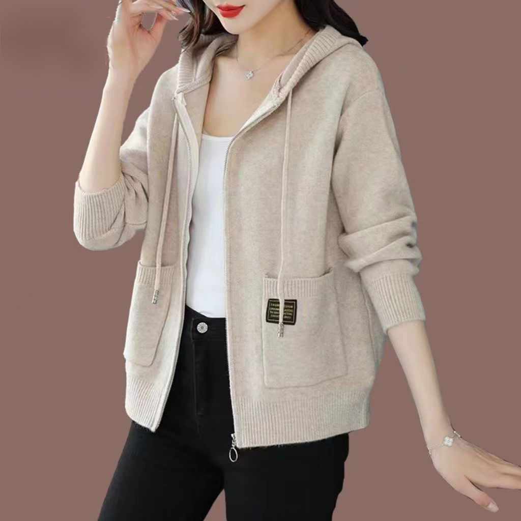 子诺连帽拉链针织开衫女外套2023外套女春秋新款韩版时尚宽松加厚