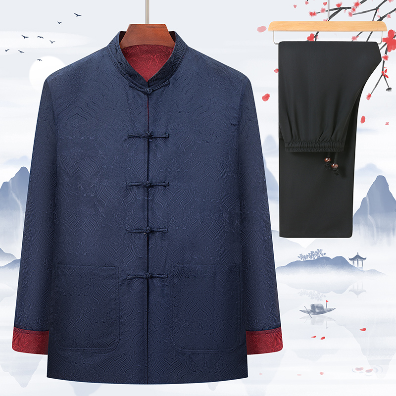 古与今中国风男士爸爸唐装绸缎夹克中老年人衣服双面穿外套