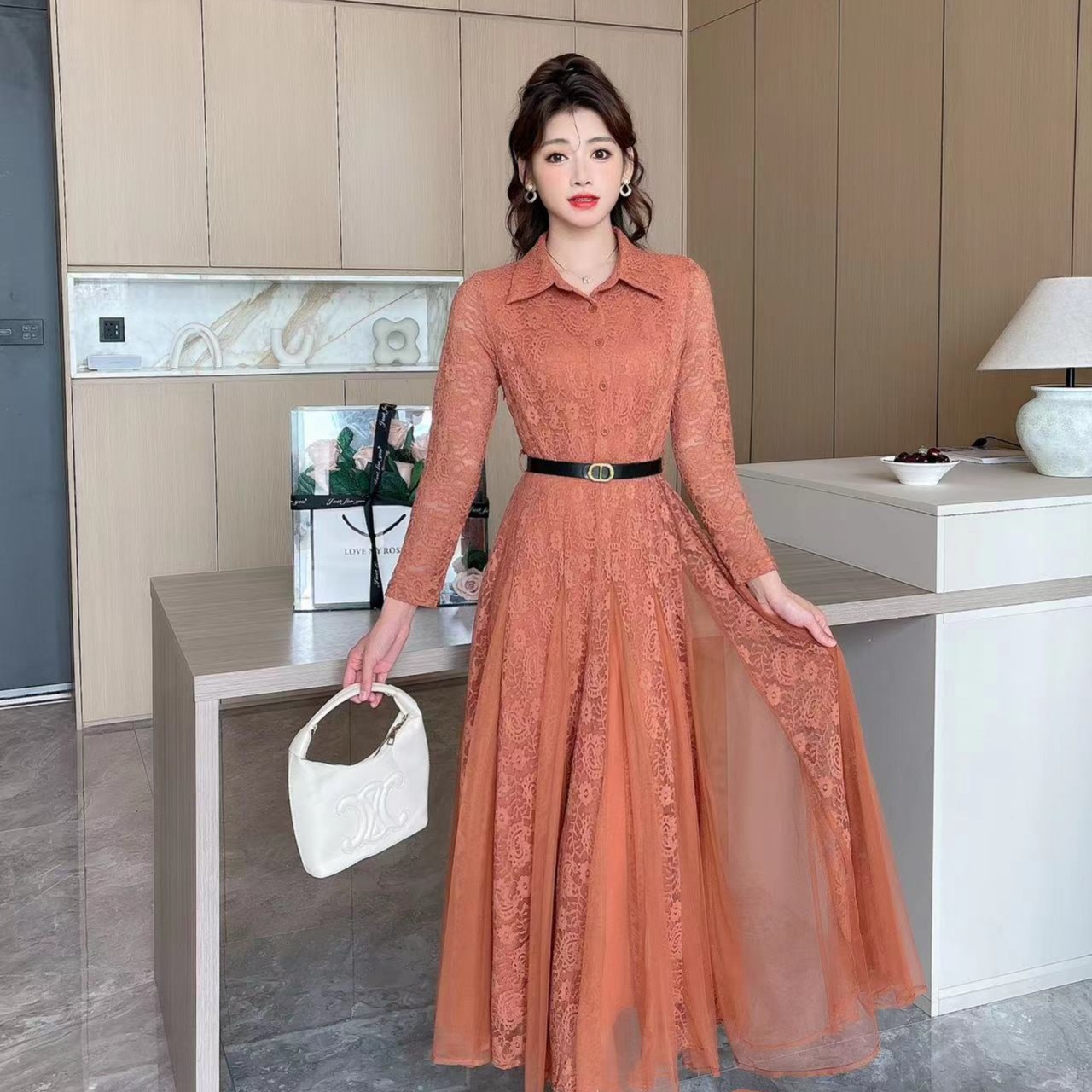 XINYIGUAN/鑫衣馆裙子显瘦气质长袖轻奢收腰女装连衣裙9005