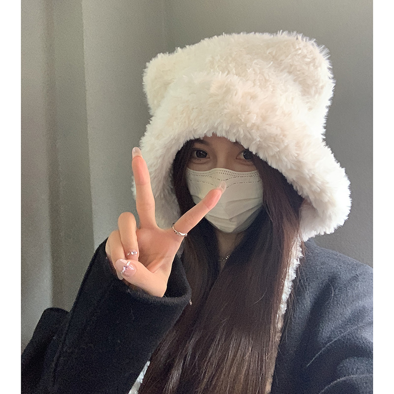 可爱毛绒绒小熊耳朵帽子女秋冬骑车加绒保暖护耳大头围雷锋帽学生