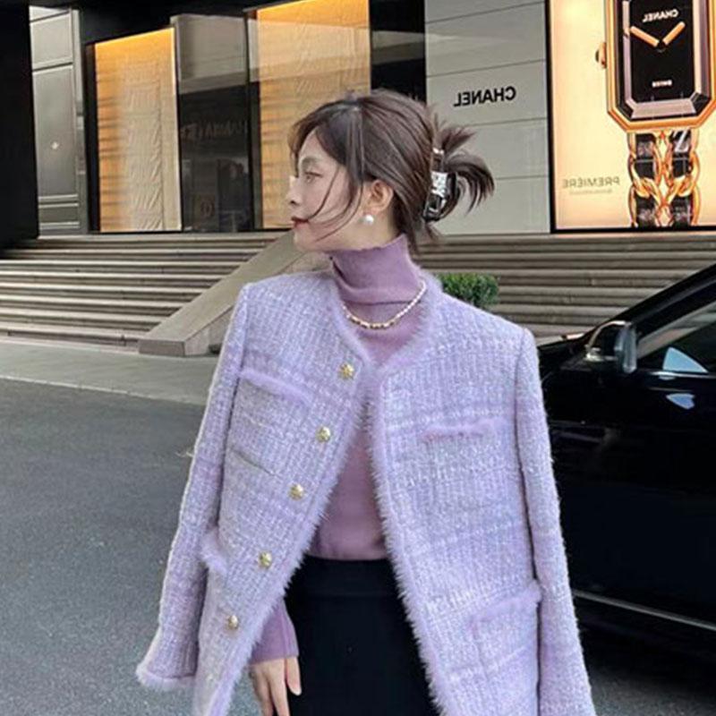 香芋紫色小香风短款外套女秋冬2023新款加厚加厚仿水貂毛毛呢上衣