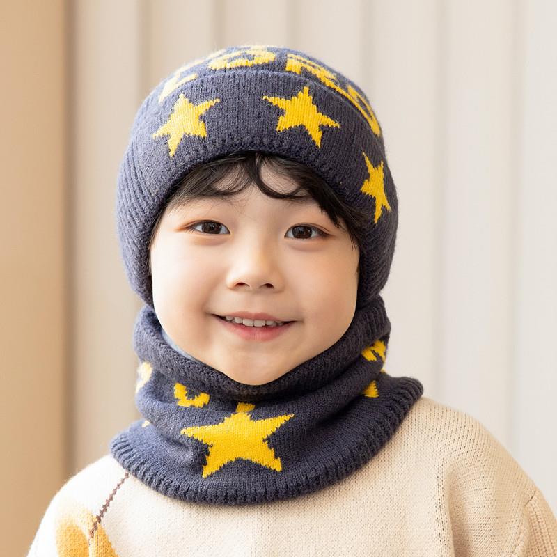 儿童帽子女孩秋冬儿童帽子围巾两件套男童冬季加绒毛线帽女童保暖