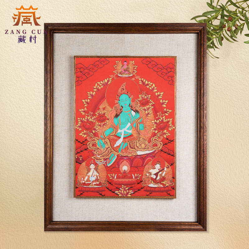 藏村《绿度母唐卡》红唐尼泊尔手绘唐卡实木装饰画藏式唐卡挂画
