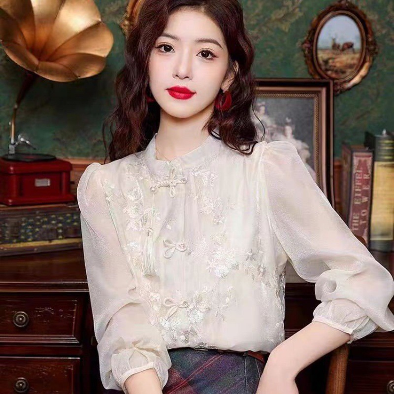 妈妈装刺绣衬衫新中式女装国风盘扣小衫春秋新款气质中年雪纺上衣