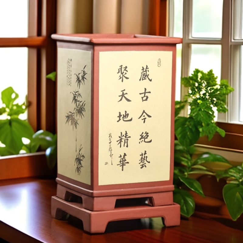 绘悦居紫砂花盆四方大签筒手工制作兰花盆室内透气陶瓷花盆盆景盆