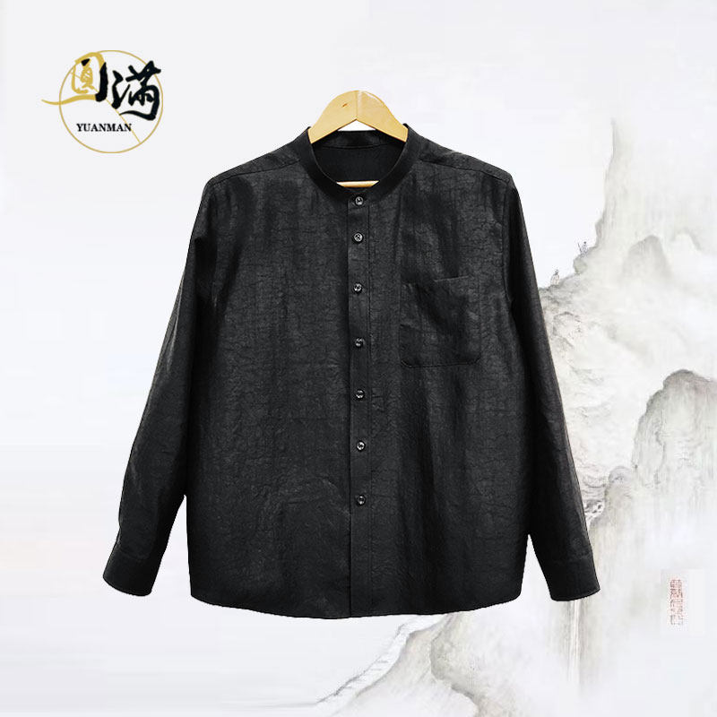 [圆满香云纱]春桑蚕丝老龟裂纹立领男款经典长袖衬衫CS1003HG