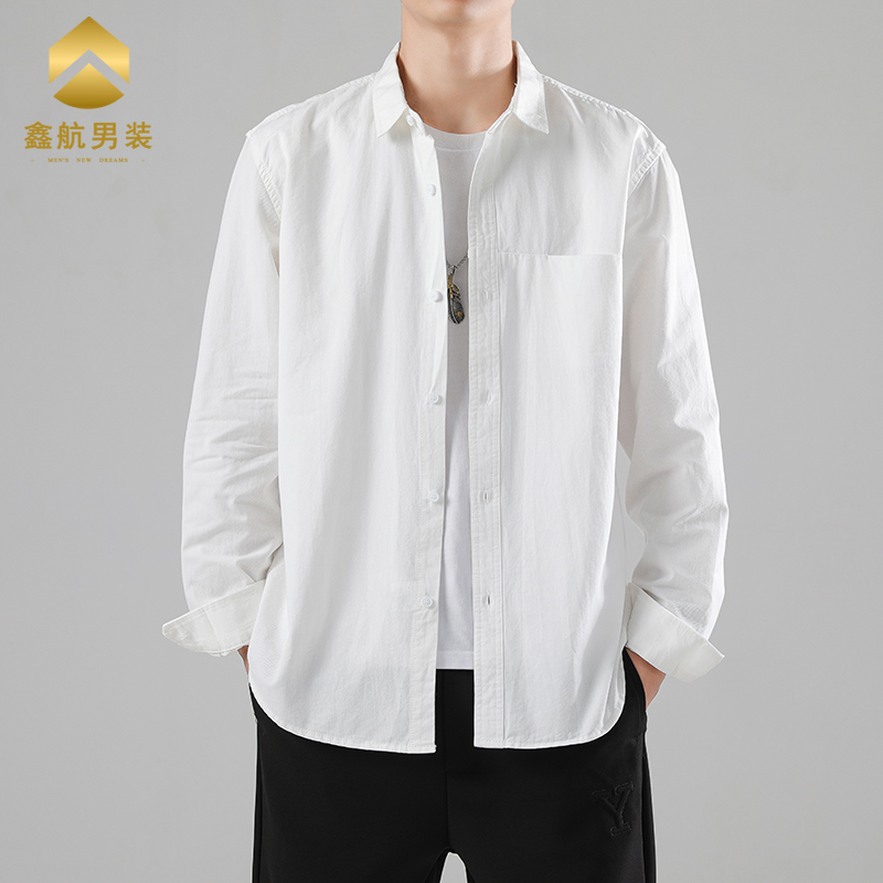 新款高级感纯棉衬衫外套男款大码免烫韩版纯色百搭打底衬衣男装