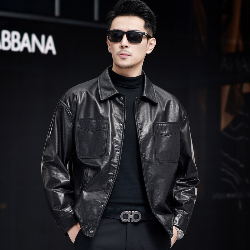 0102海宁真皮皮衣男短款翻领皮夹克鹅绒可脱头层牛皮外套单排扣