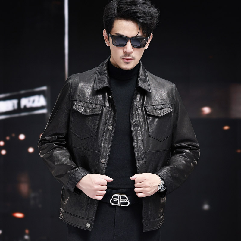 2501海宁真皮皮衣男短款翻领单排扣皮夹克头层牛皮外套休闲百搭