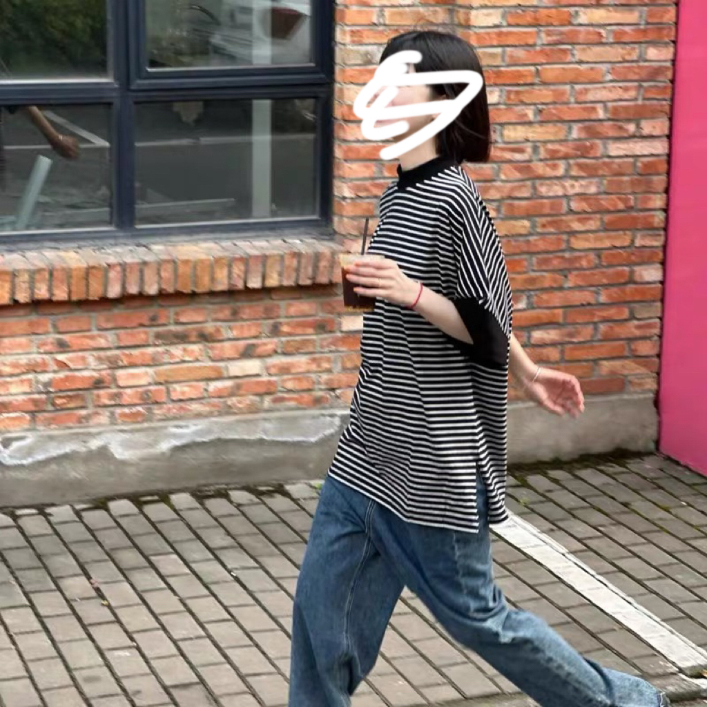 0194 大版中领宽松高级感藏青条纹短袖