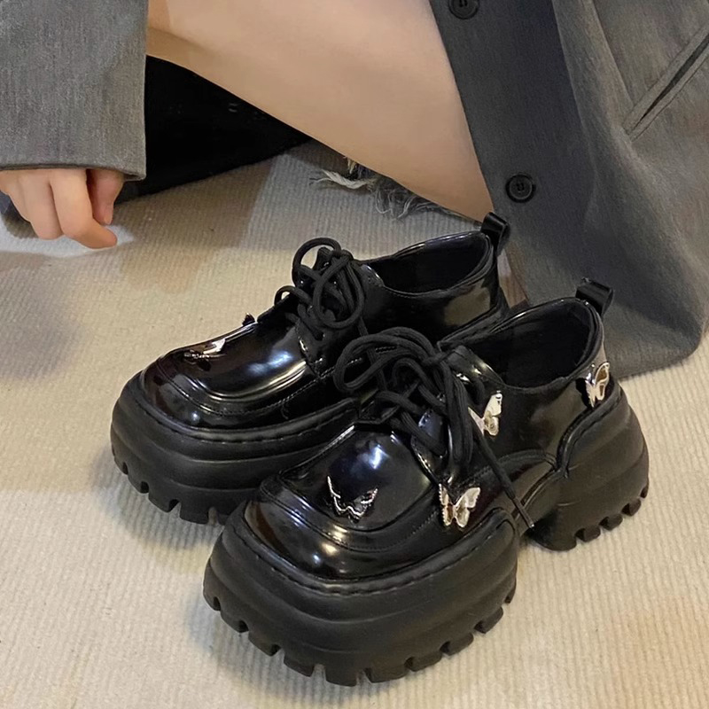 英伦风小皮鞋女2023秋新款日系ins小众蝴蝶厚底增高松糕鞋乐福鞋