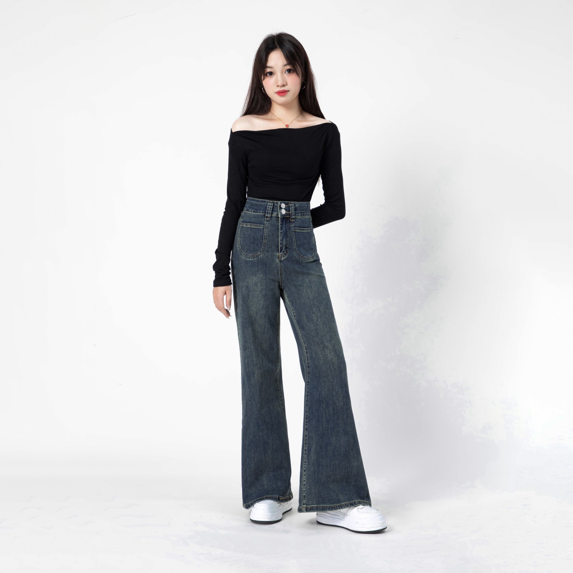 8801-1西米家小个子复古微喇牛仔裤女高腰显瘦微弹修身辣妹喇叭裤