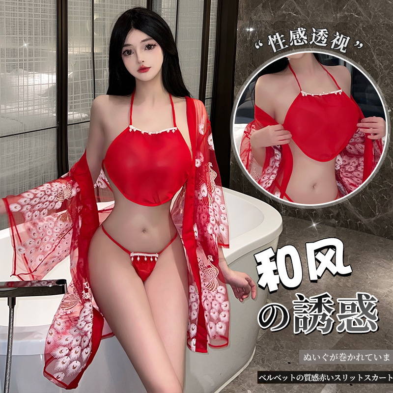 林林婷日式性感蕾丝印花和服红色美背睡衣套装