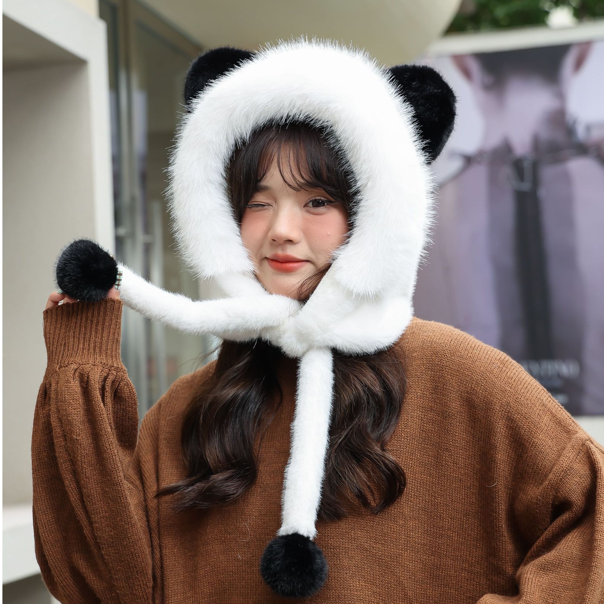 冬季防风防寒保暖帽时尚圆顶可爱黑白熊帽子时尚百搭绒帽