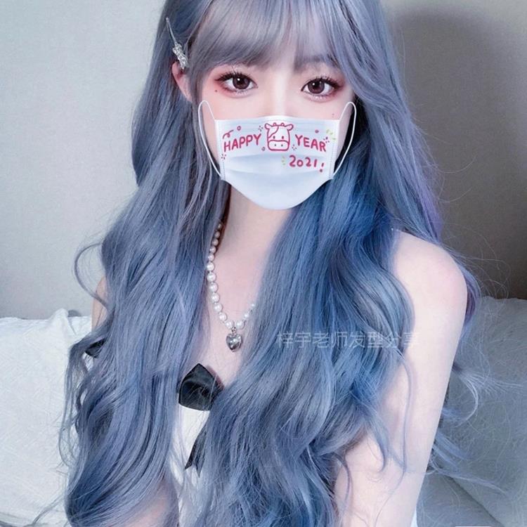 假发女长发雾霾蓝烟灰色长卷发修脸减龄蓬松大波浪空气浏海全头套