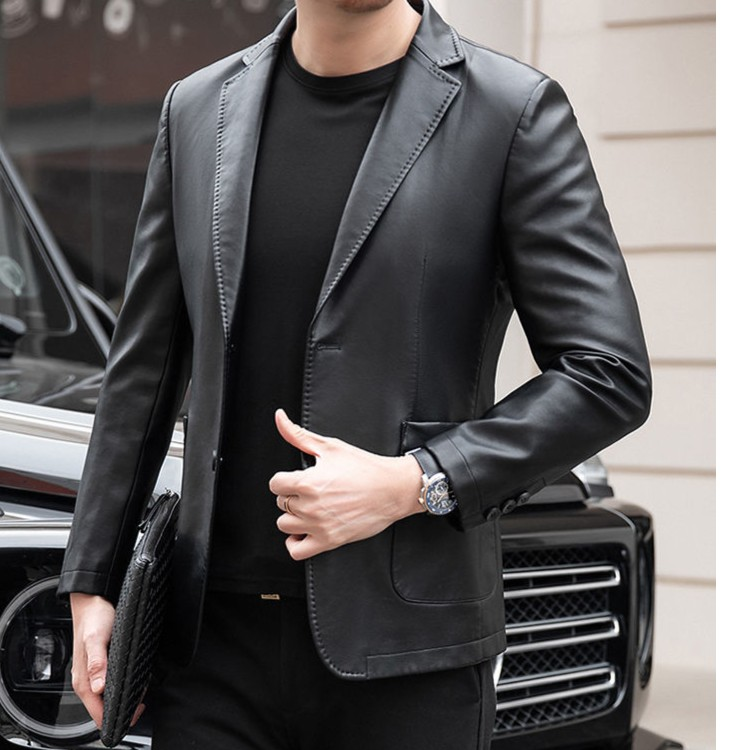 老爷车LAOYECHE/2024新款春秋休闲商务皮西服外套男士中年皮夹克