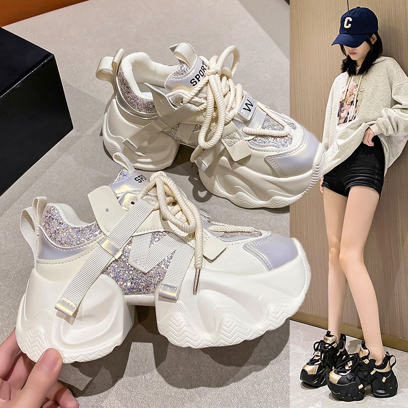 8cm厚底松糕鞋女款小个子增高鞋2023秋冬季新款加绒时尚老爹鞋ins