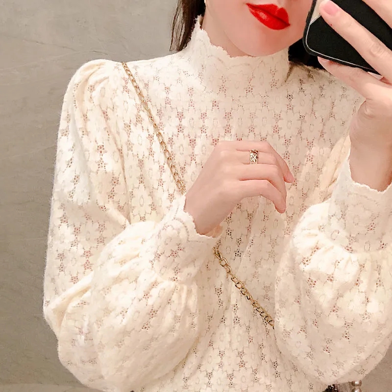 半高领蕾丝打底衫女秋冬百搭白色T恤2025新款洋气内搭长袖上衣潮