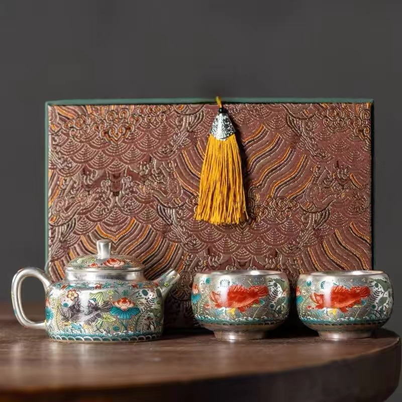 鱼藻纹银茶壶一壶两杯手工制作礼盒套装陶瓷纯手工家用复古中式