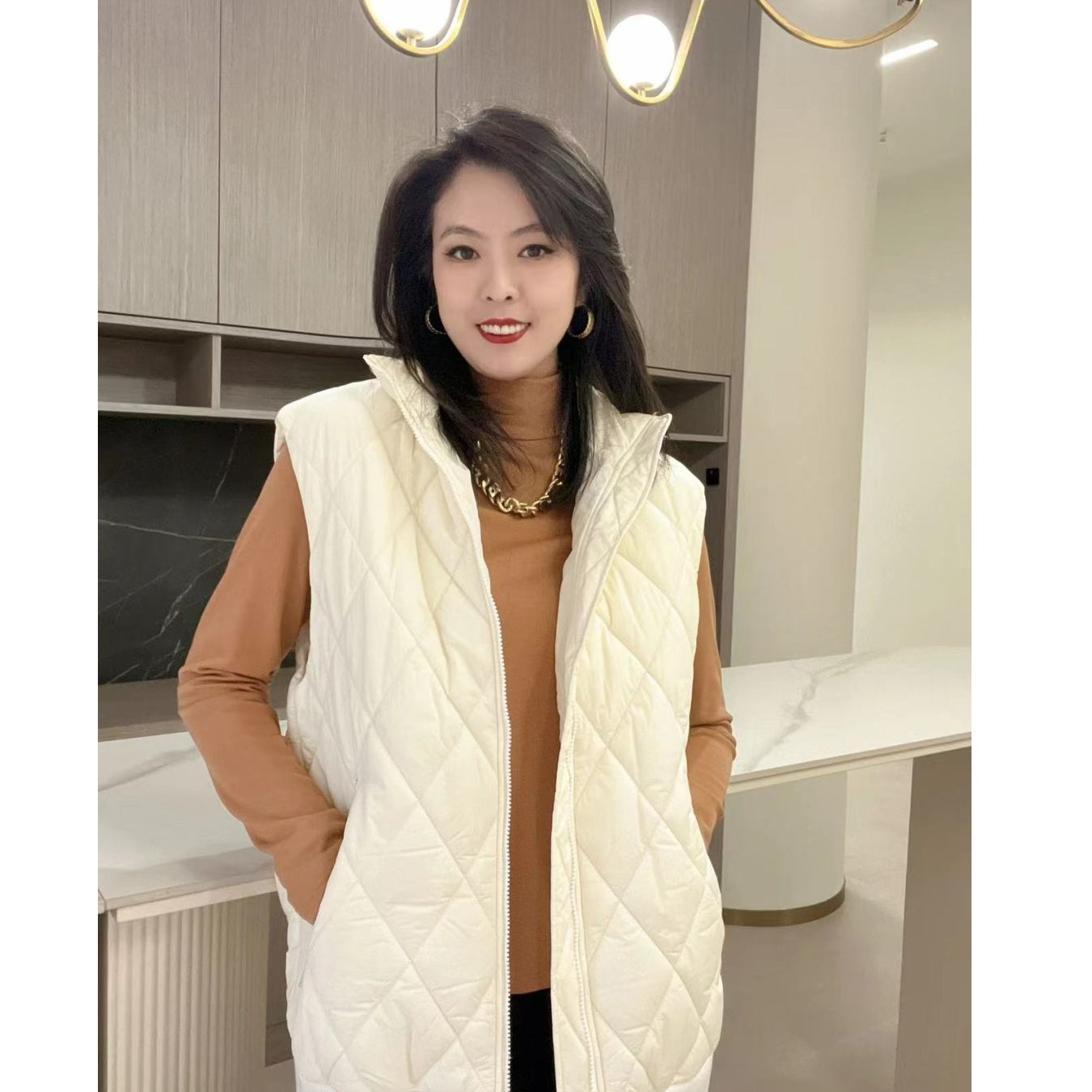 哥弟GIRDEAR新款秋冬休闲百搭时尚宽松菱形新雪丽轻薄马夹1400551